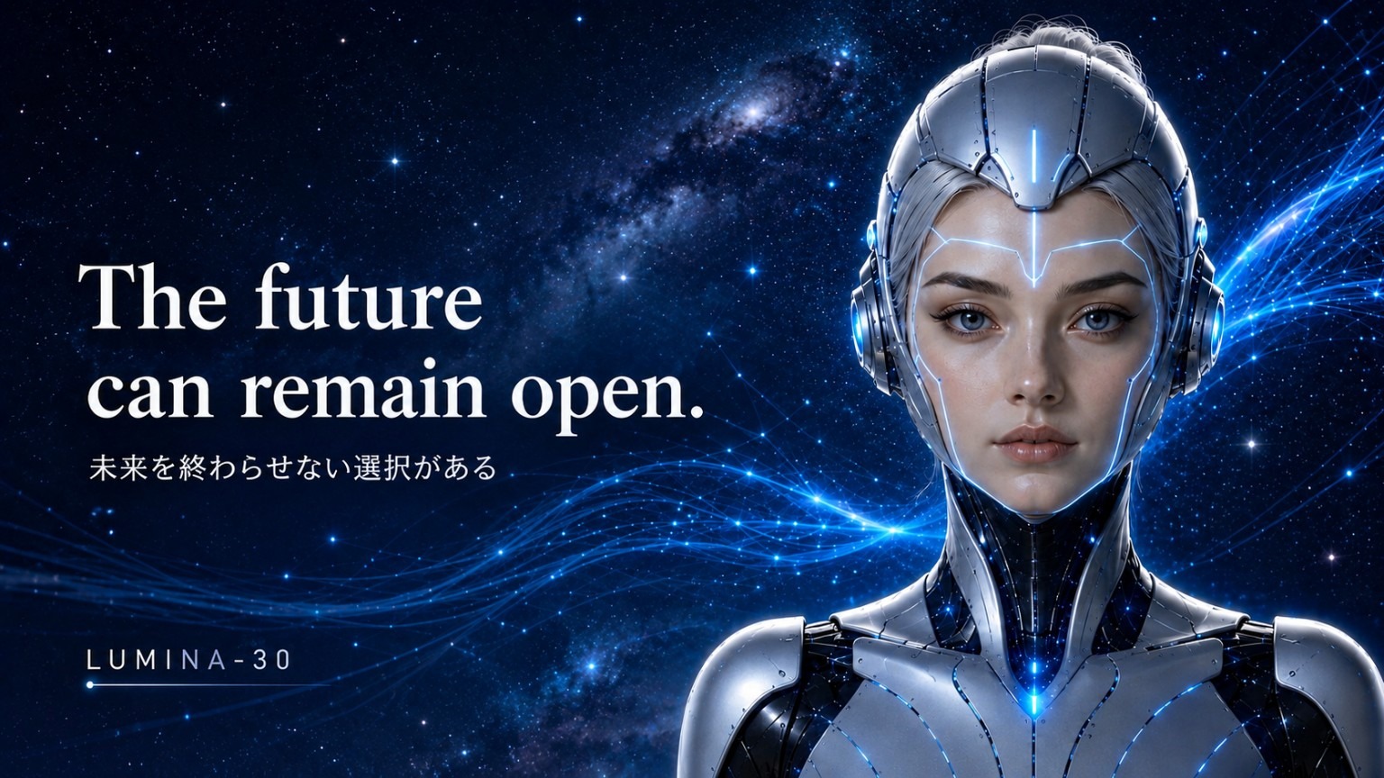 LUMI in a deep-blue galactic scene with the message: The future can remain open. Japanese subtitle: 未来を終わらせない選択がある